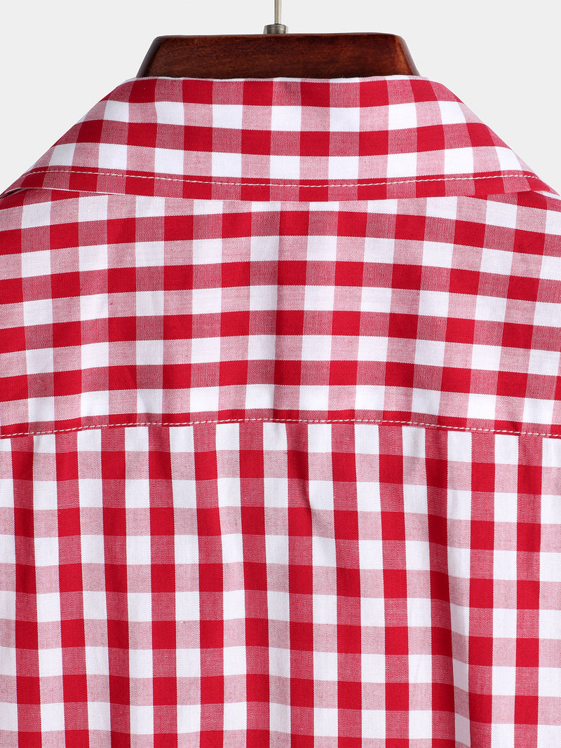 Men's Pink Casual Solid Color Plaid Cotton Pocket Shirt
