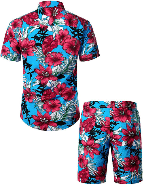 Men's Flower Casual Button Down Hawaiian Shirts&Shorts