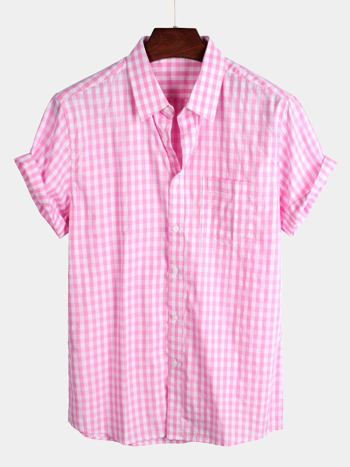 Men's Pink Casual Solid Color Plaid Cotton Pocket Short Sleeve Shirt