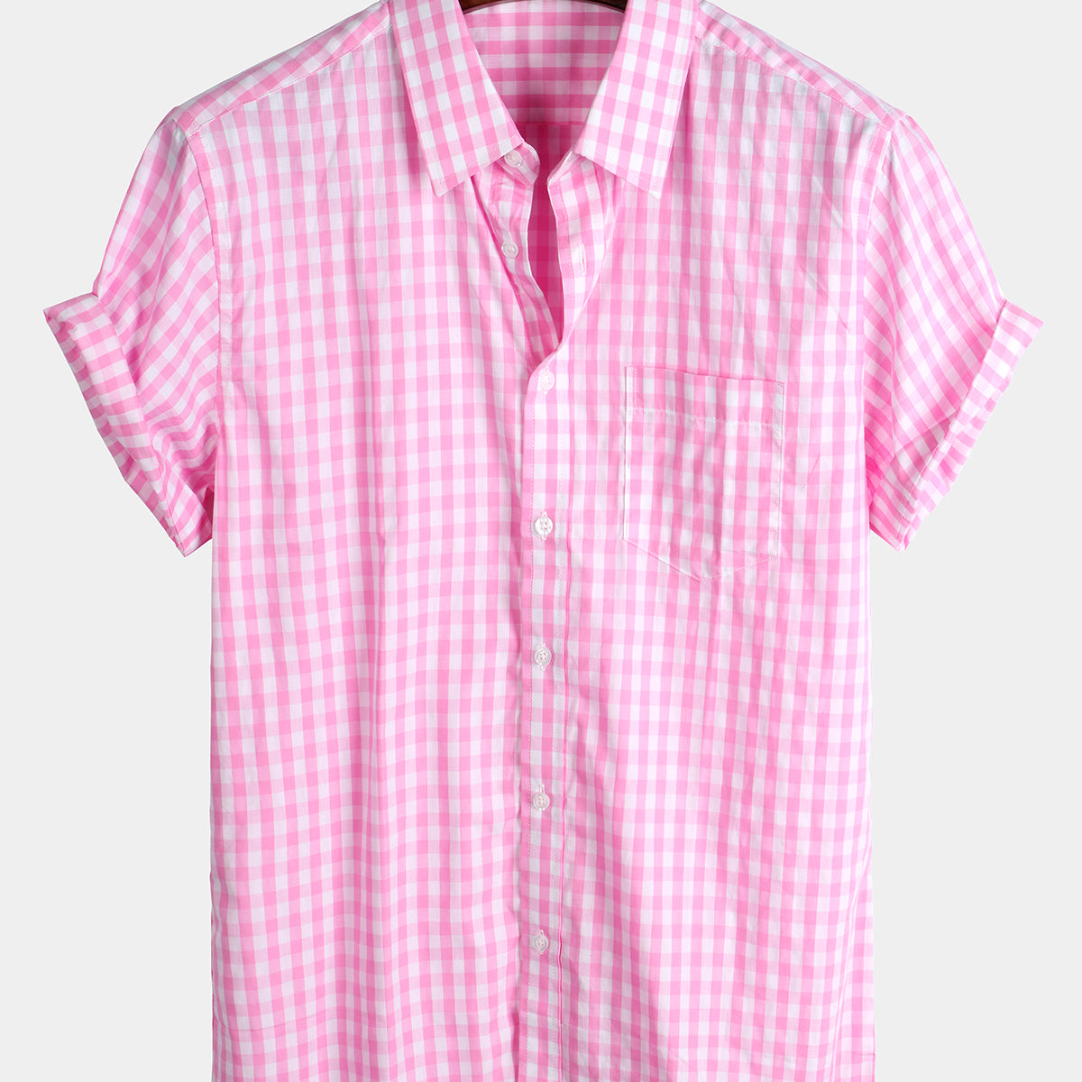 Men's Pink Casual Solid Color Plaid Cotton Pocket Short Sleeve Shirt
