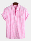 Men's Pink Casual Solid Color Plaid Cotton Pocket Shirt