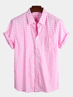 Men's Pink Casual Solid Color Plaid Cotton Pocket Shirt
