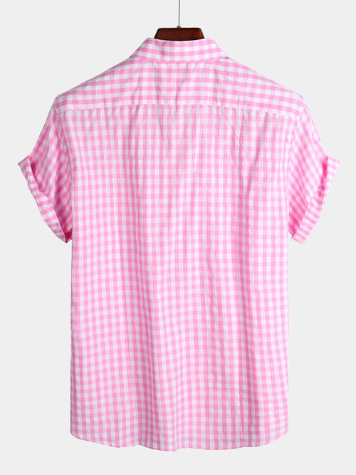Men's Pink Casual Solid Color Plaid Cotton Pocket Shirt