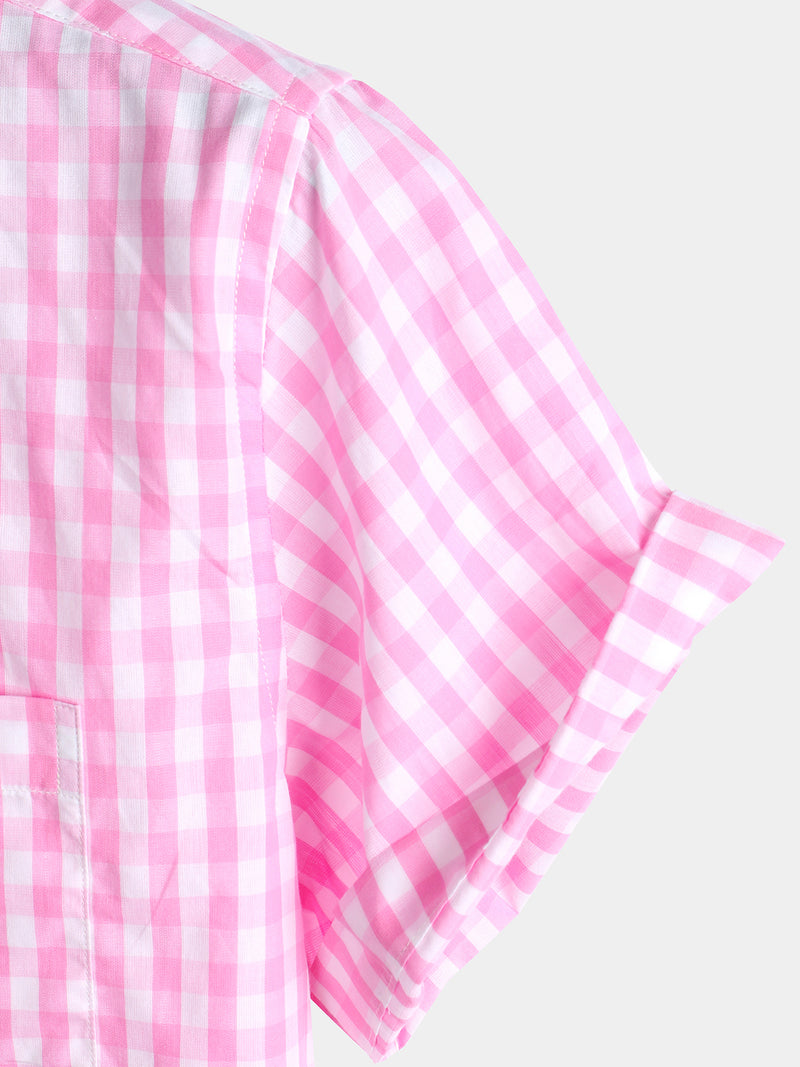 Men's Pink Casual Solid Color Plaid Cotton Pocket Shirt
