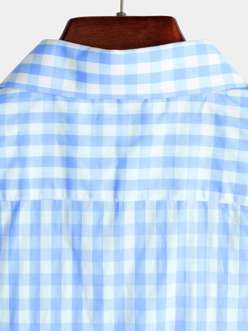 Men's Pink Casual Solid Color Plaid Cotton Pocket Shirt