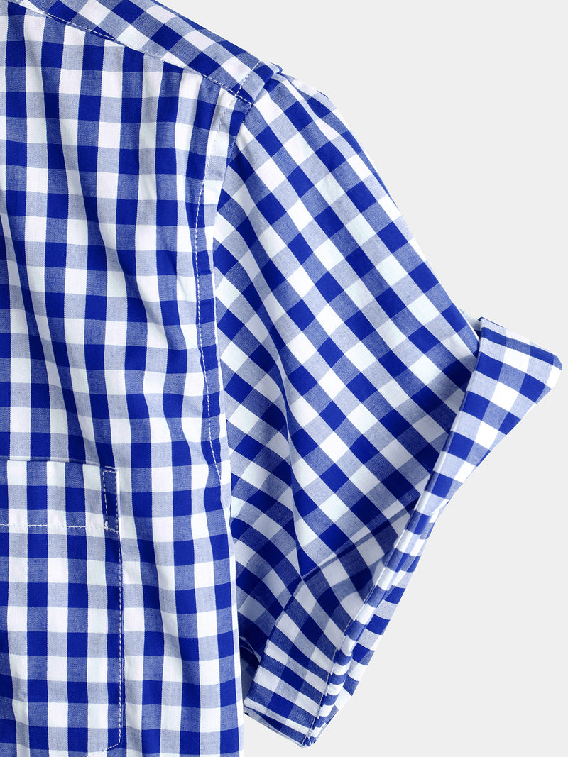 Men's Pink Casual Solid Color Plaid Cotton Pocket Shirt