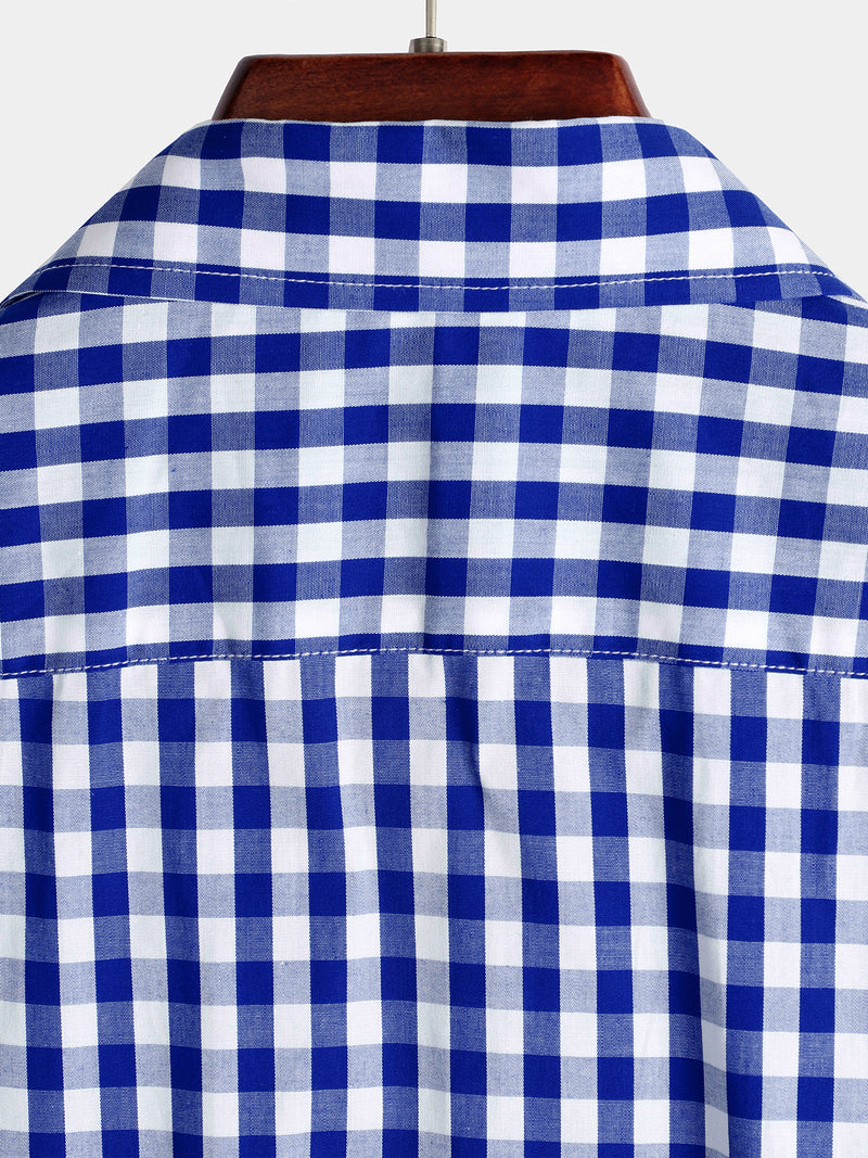 Men's Pink Casual Solid Color Plaid Cotton Pocket Shirt