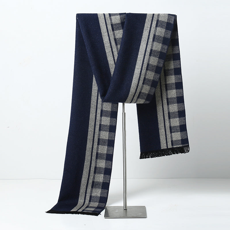 Men's Striped And Plaid Warm Winter Dark Blue Grey Long Neck Scarf