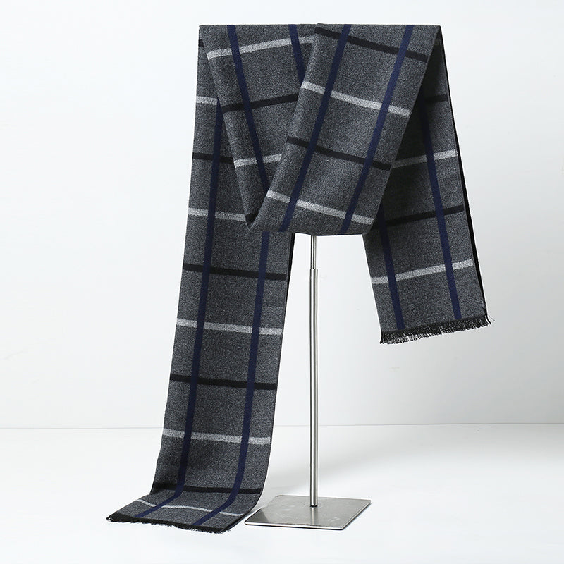 Men's Casual Long Soft Fall Winter Fashion Dark Grey Plaid Neck Scarf