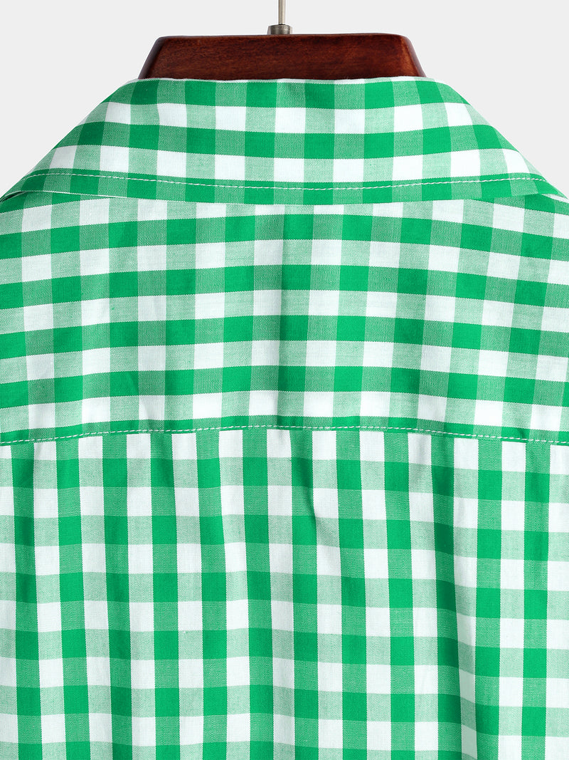 Men's Pink Casual Solid Color Plaid Cotton Pocket Shirt