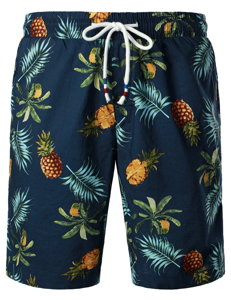 Men's Breathable Cotton Pineapple Print Beach Hawaiian Aloha Summer Shorts