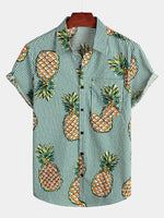 Men's Striped Pineapple Print Pocket Cotton Shirt