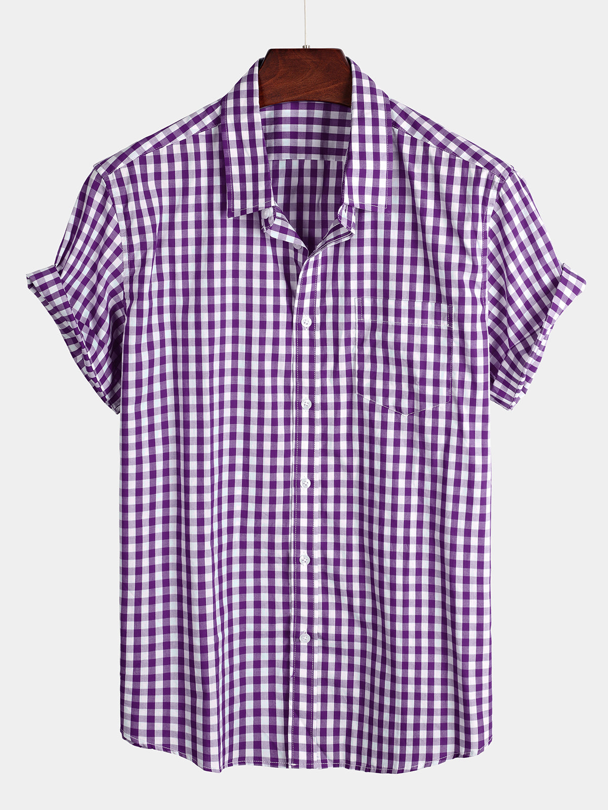 Men's Pink Casual Solid Color Plaid Cotton Pocket Short Sleeve Shirt