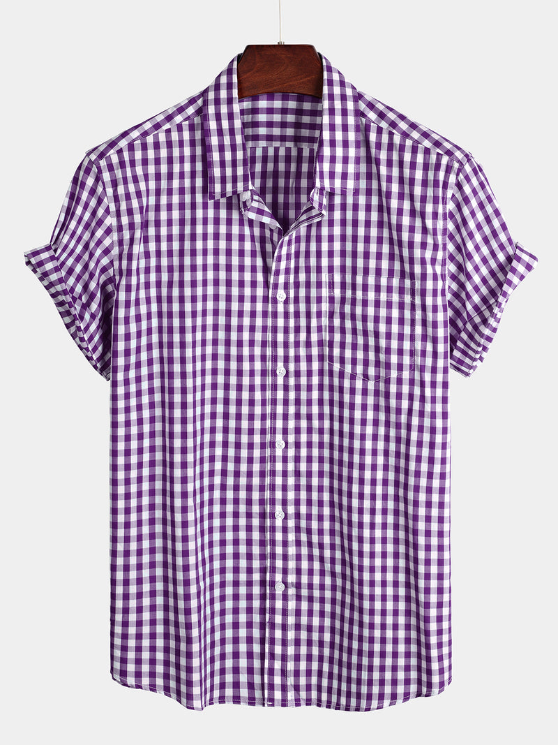 Men's Pink Casual Solid Color Plaid Cotton Pocket Shirt
