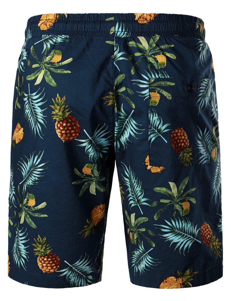 Men's Breathable Cotton Pineapple Print Beach Hawaiian Aloha Summer Shorts