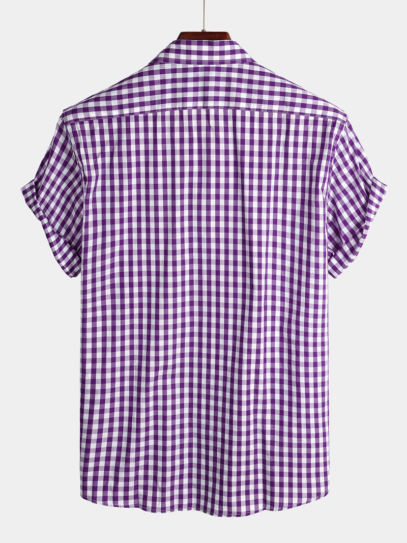 Men's Pink Casual Solid Color Plaid Cotton Pocket Shirt