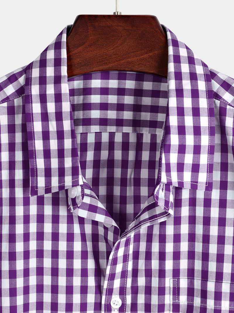 Men's Pink Casual Solid Color Plaid Cotton Pocket Shirt