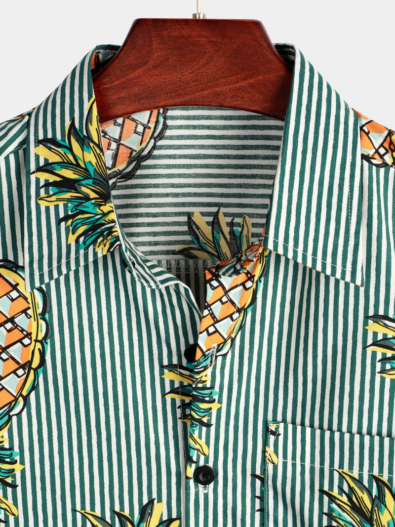 Men's Striped Pineapple Print Pocket Cotton Shirt