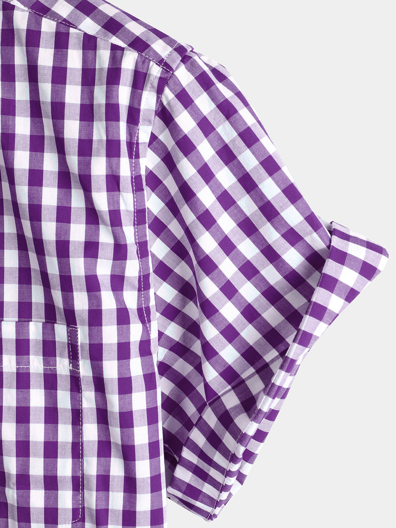 Men's Pink Casual Solid Color Plaid Cotton Pocket Shirt