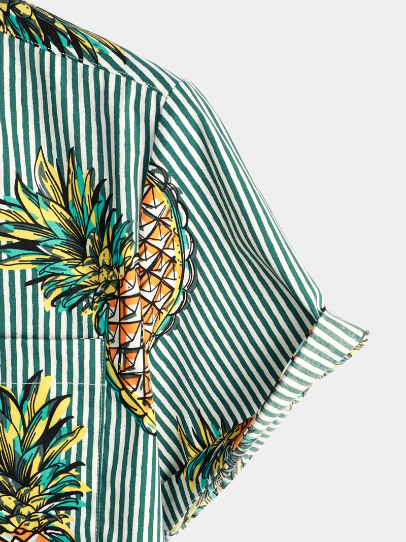 Men's Striped Pineapple Print Pocket Cotton Shirt