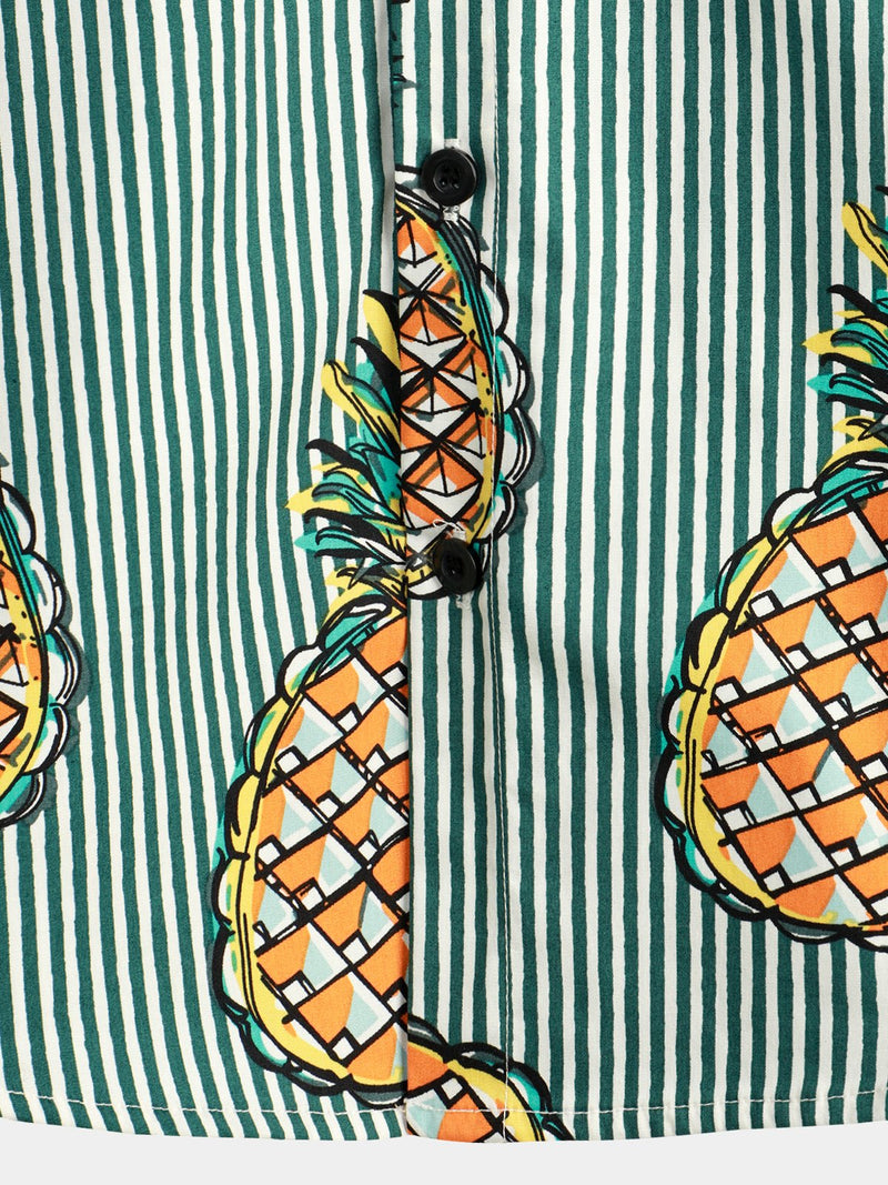 Men's Striped Pineapple Print Pocket Cotton Shirt