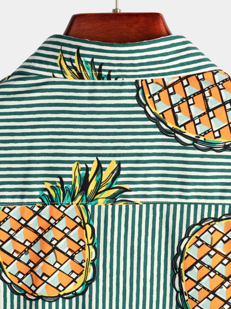 Men's Striped Pineapple Print Pocket Cotton Shirt