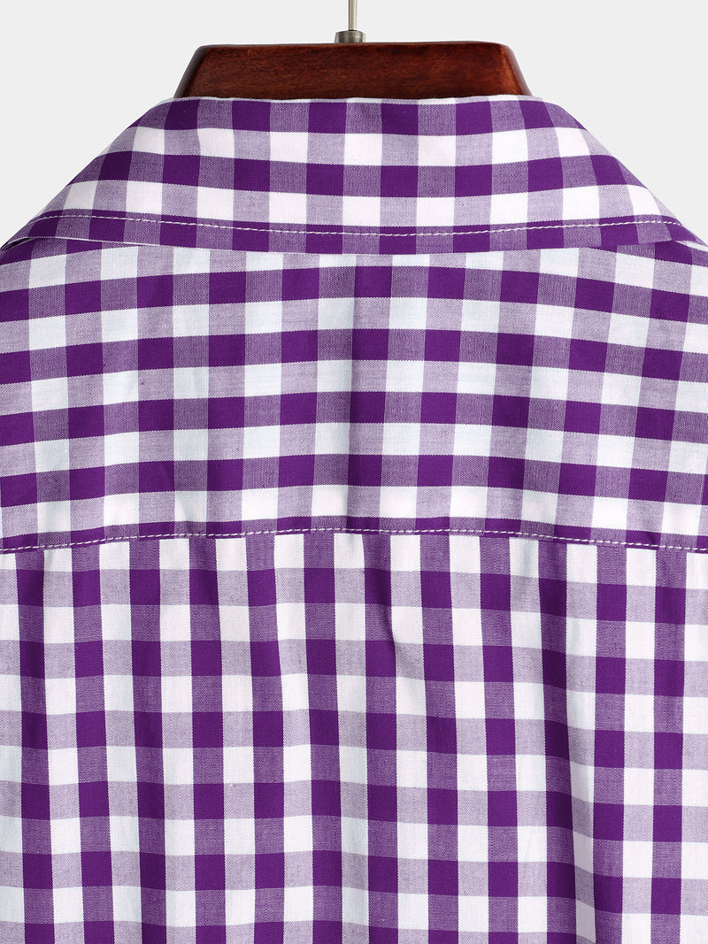 Men's Pink Casual Solid Color Plaid Cotton Pocket Shirt