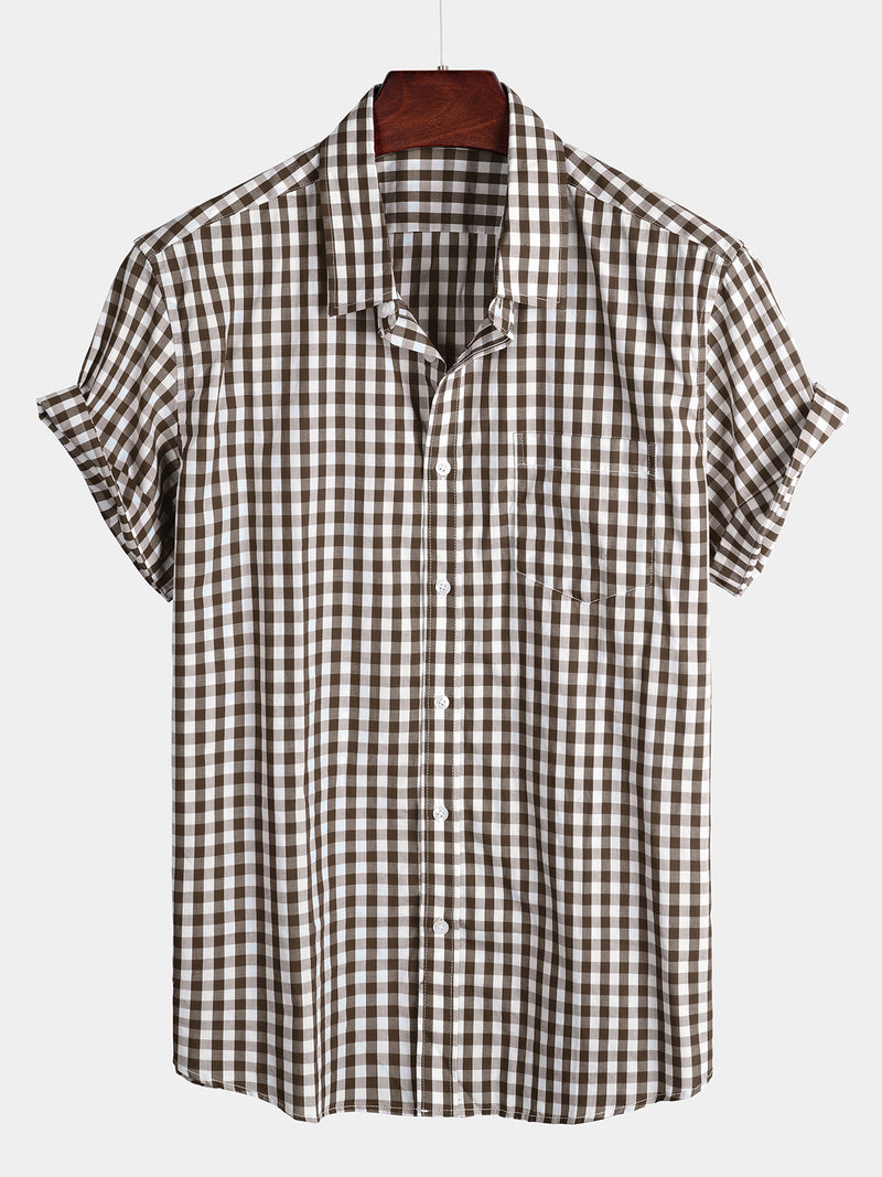 Men's Pink Casual Solid Color Plaid Cotton Pocket Shirt