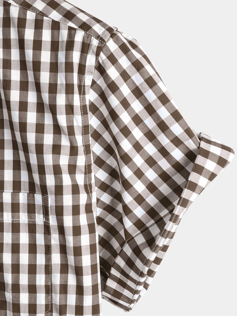 Men's Pink Casual Solid Color Plaid Cotton Pocket Shirt