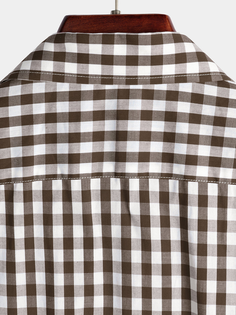 Men's Pink Casual Solid Color Plaid Cotton Pocket Shirt