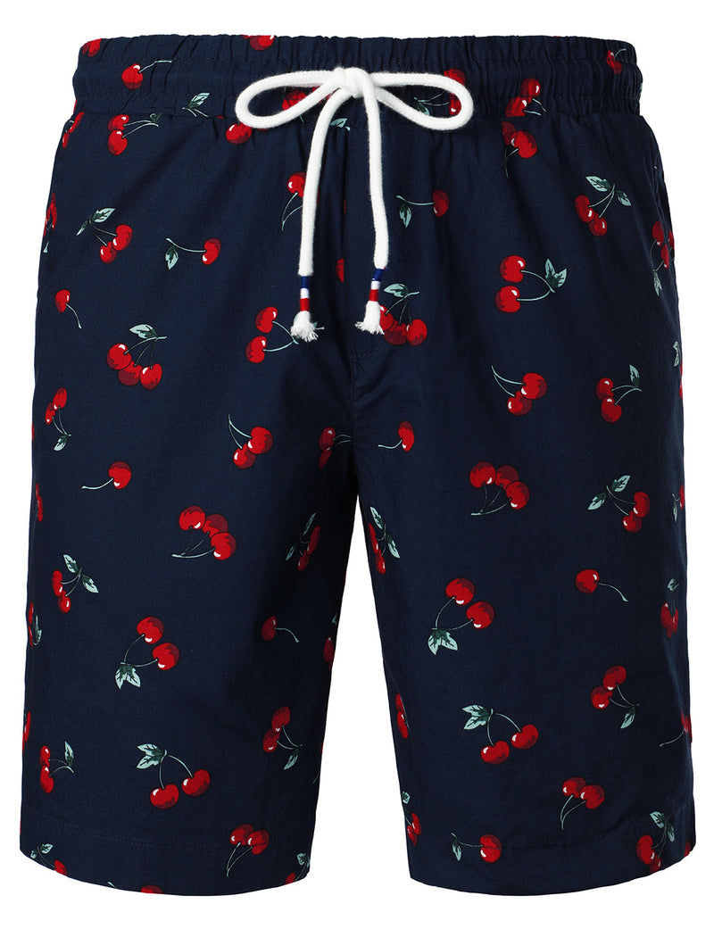 Men's Breathable Cotton Cherry Print Beach Hawaiian Aloha Summer Shorts