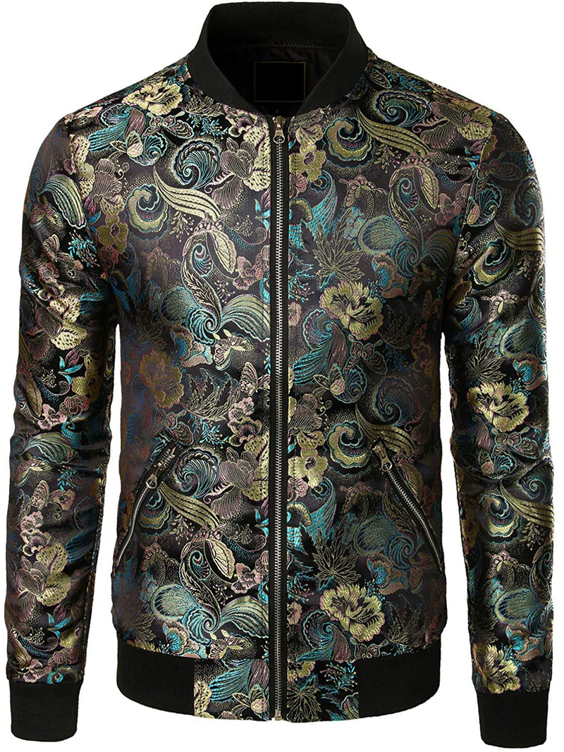 Men's Vintage Embroidered Satin Flight Bomber Jacket Coat