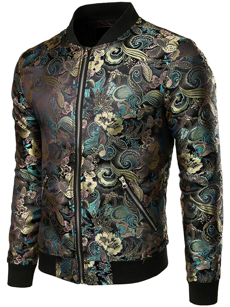 Men's Vintage Embroidered Satin Flight Bomber Jacket Coat