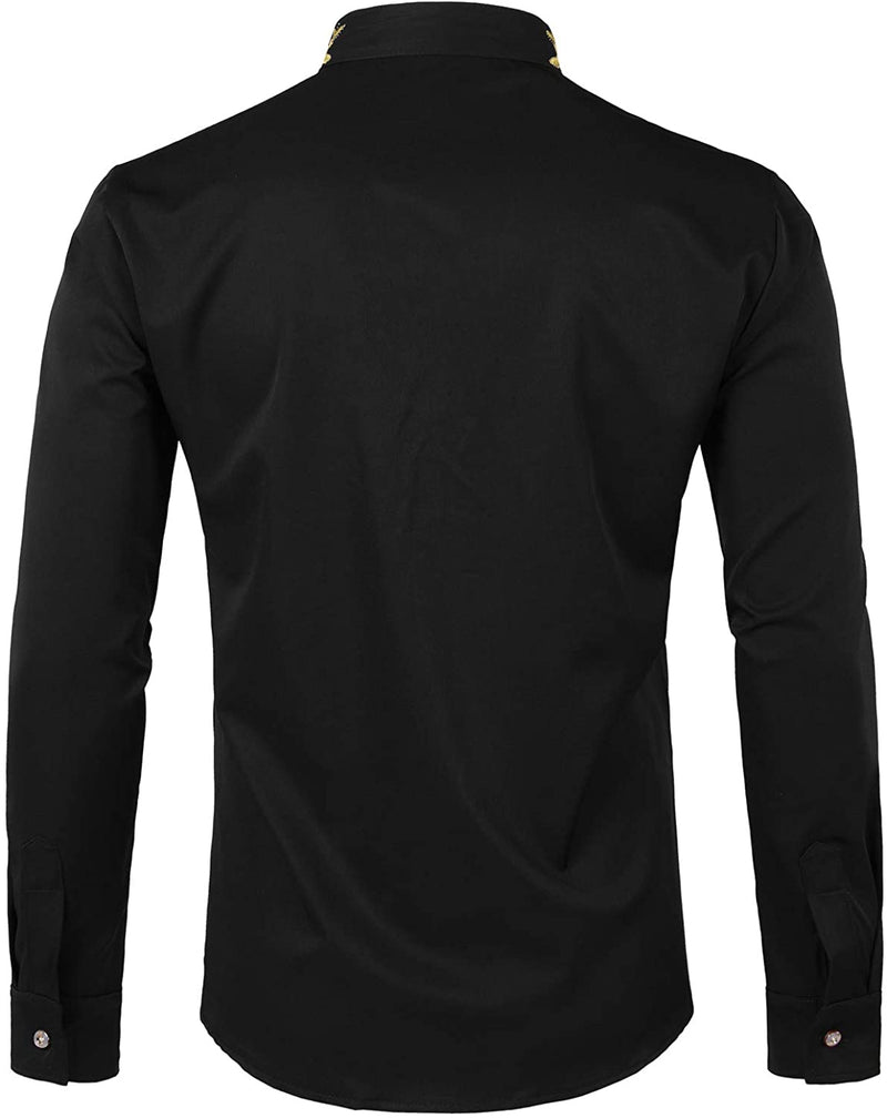 Men's Solid Color Collar Embroidered Long Sleeve Shirt