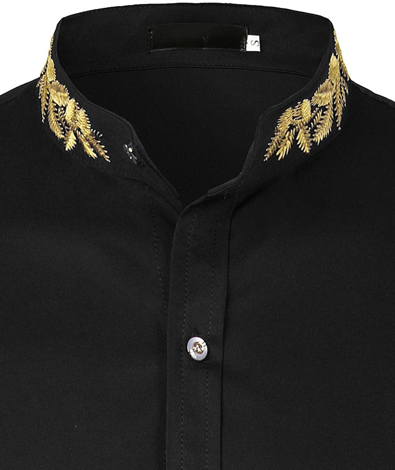Men's Solid Color Collar Embroidered Long Sleeve Shirt