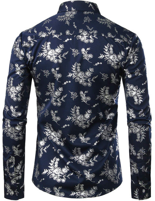 Men's Casual Shiny Print Slim Long-sleeved Floral Shirt