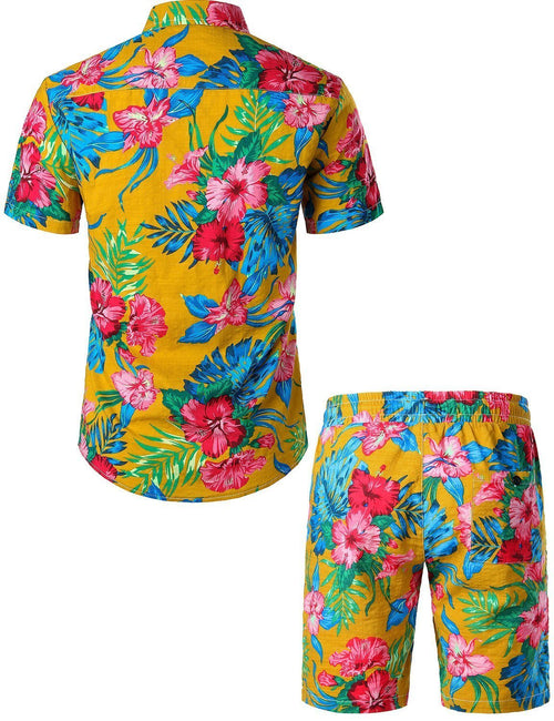 Men's Flower Casual Button Down Hawaiian Shirts&Shorts