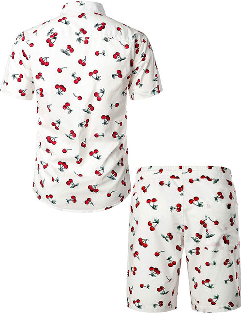 Men's Cherry Print Cotton Hawaiian Shirt & Shorts Set